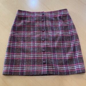 NWT Talbots Wool Plaid Skirt Brown Pink Faux Leather Buttons